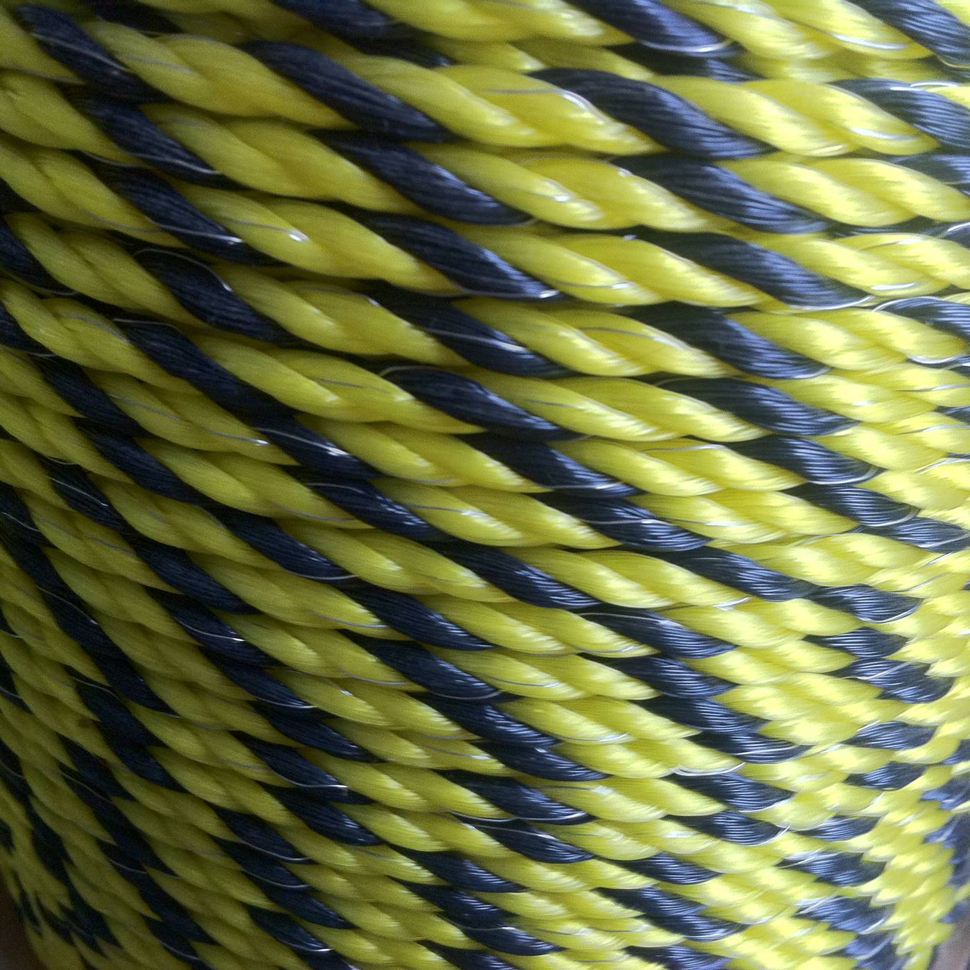 Yellow and black electric-fence polyrope, close-up of woven strands