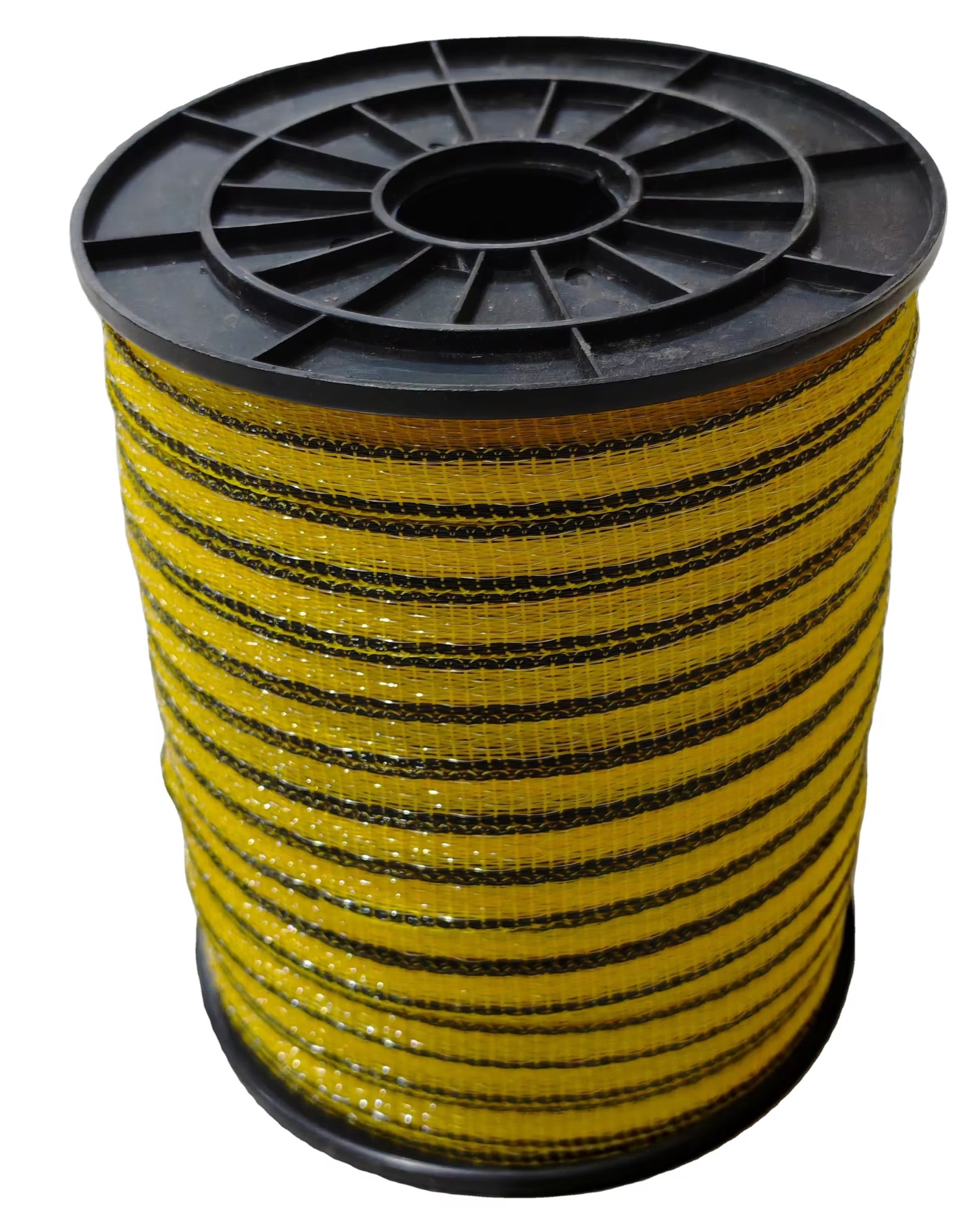 Yellow and black electric fence polytape wound on a reel